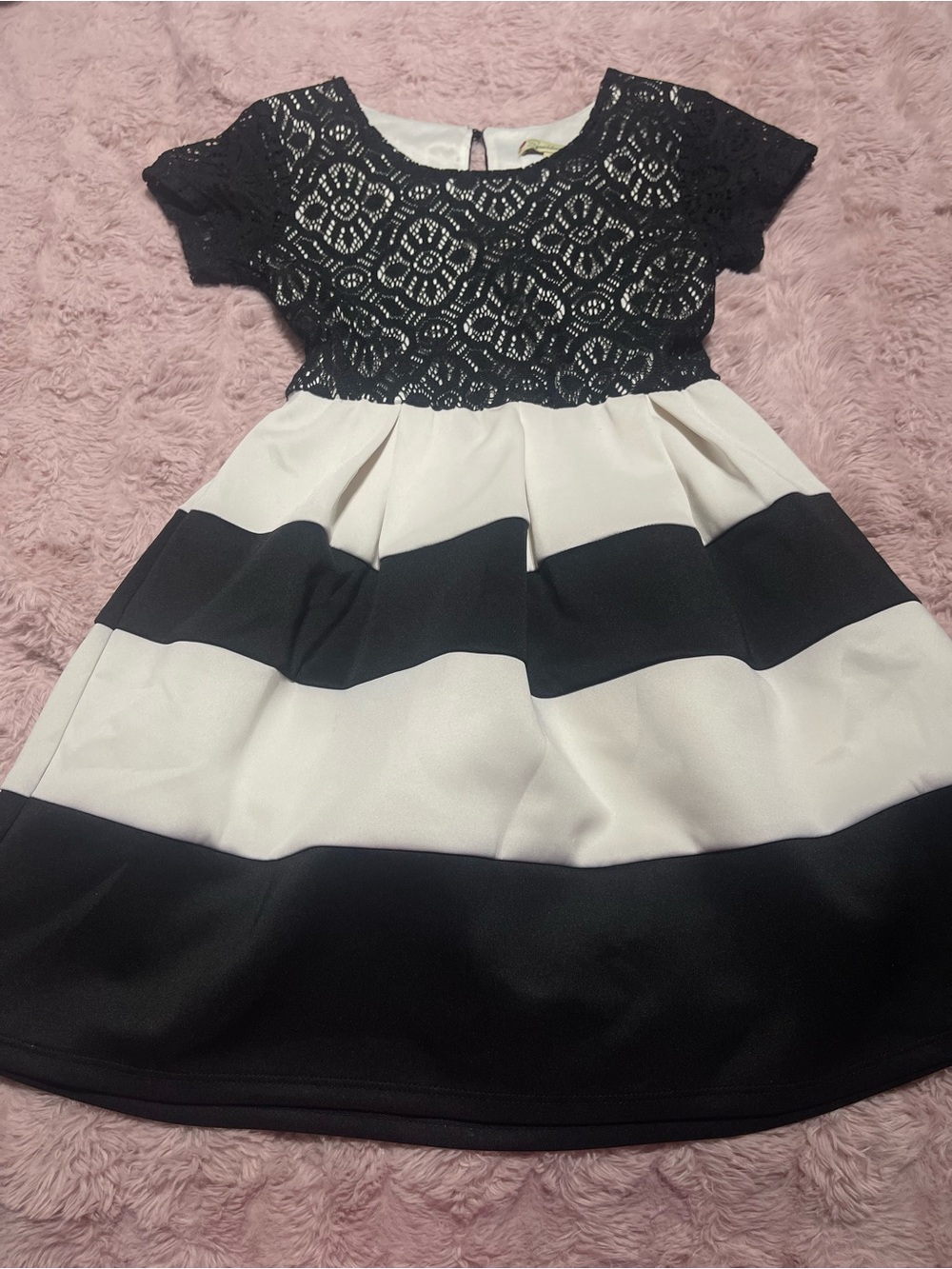 Kid’s Speechless Black and White Lace Bodice Striped Party Dress